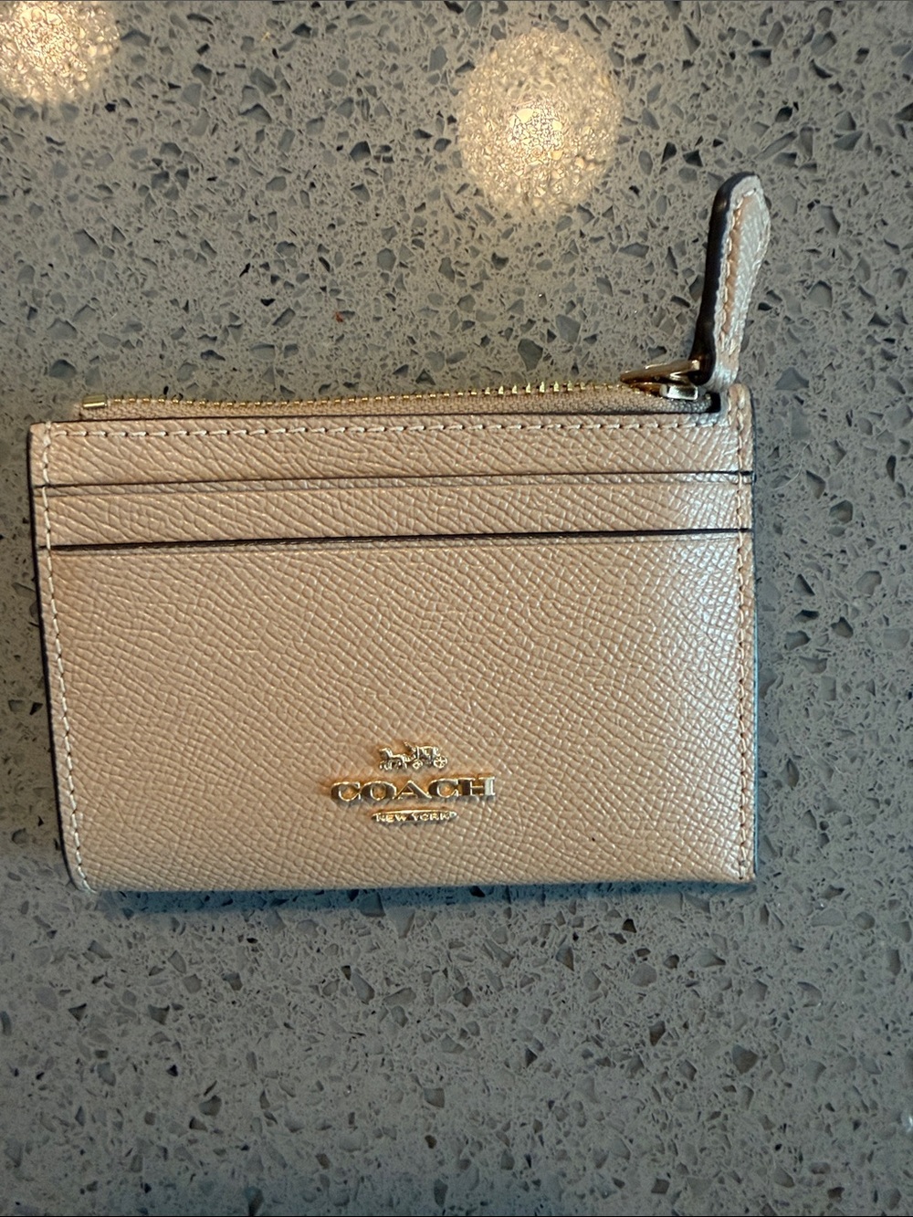 Coach Textured Leather Zip Card Case in Light Beige with Gold Accent